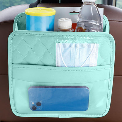 Mandark Car Seat Back Organizer, PU Leather Vehicle Backseat Hanging Storage Pocket, Multipurpose Auto Travel Essentials Accessories for Kids & Adults, Universal for Most Cars (Black)