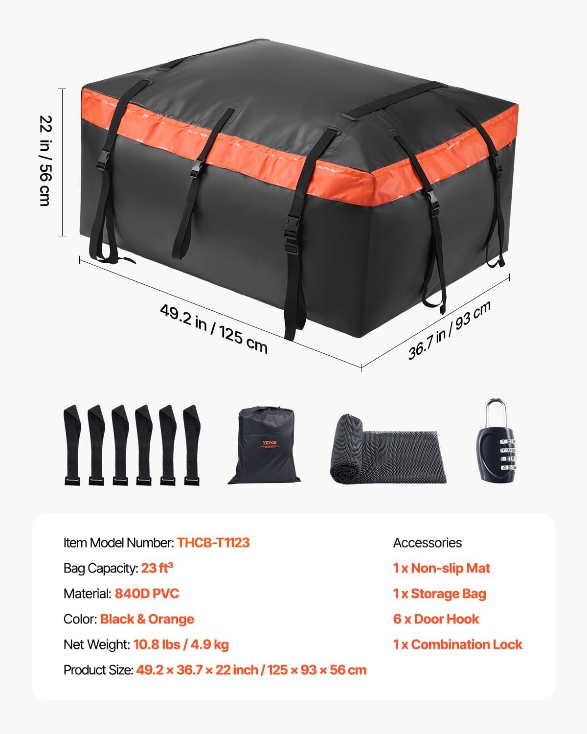 VEVOR Car Rooftop Cargo Carrier Bag, 23 Cubic Feet Roof Cargo Carrier, Heavy Duty 840D PVC 100% Waterproof Car Roof Luggage Bag for All Vehicle with/without Rack- with Lock, Anti-Slip Mat, 6 Door Hook