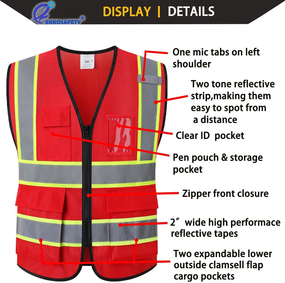 Reflective Mesh Safety Vest for Men Women with 5 Pockets and Zipper Front High Visibility Mesh Vest Hi Vis Construction Work Vest,Meets ANSI/ISEA Standards(EK175-Yellow-L)