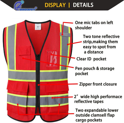 Reflective Mesh Safety Vest for Men Women with 5 Pockets and Zipper Front High Visibility Mesh Vest Hi Vis Construction Work Vest,Meets ANSI/ISEA Standards(EK175-Yellow-L)