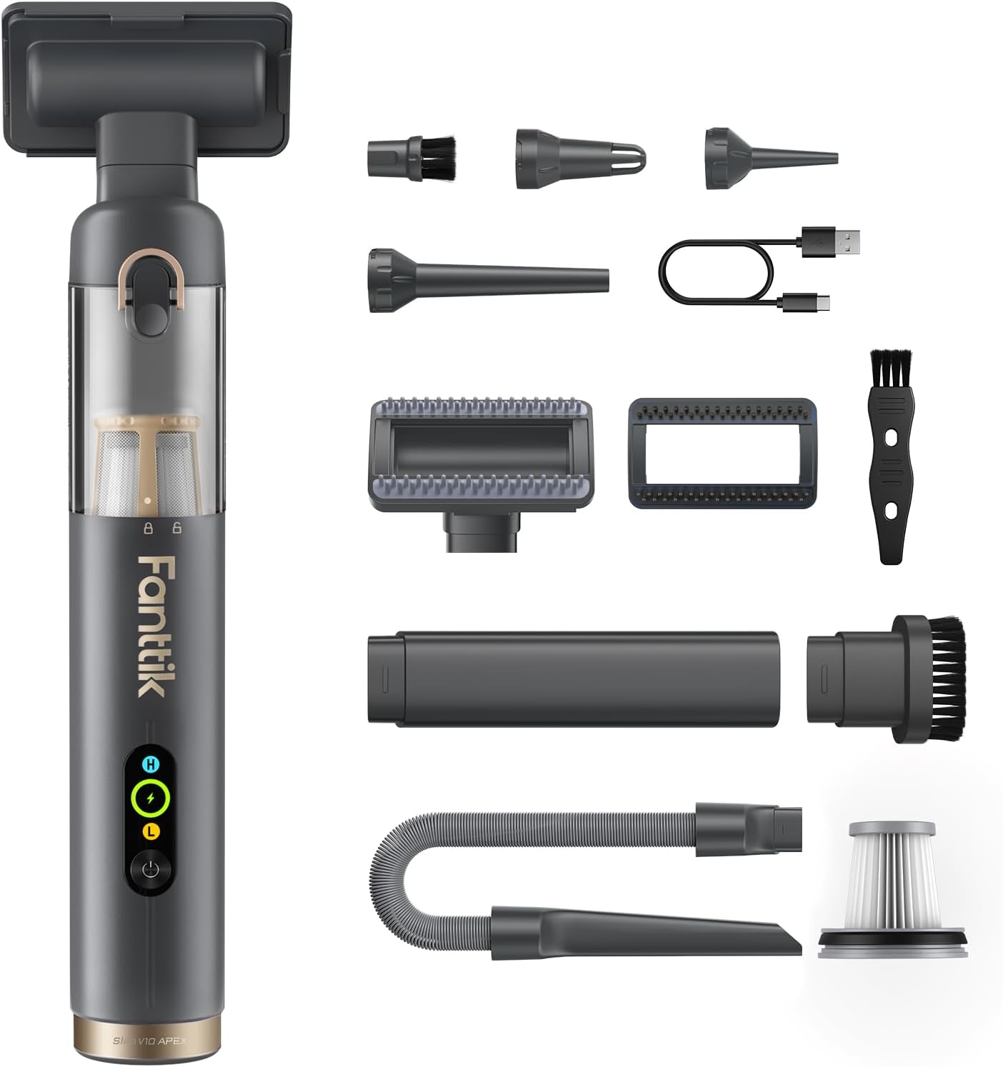 Fanttik Slim V10 APEX Cordless Car Vacuum, 4-in-1 Portable Mini Handheld Vac, 19kPa Suction Power, Upgraded Smart Digital Display, 2 Suction Modes for Small Jobs, Car, Office Desk, Keyboards (Black)