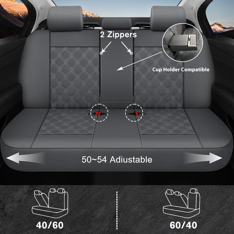 CAROMOP Luxury PU Leather Car Seat Covers Full Set-Waterproof Seat Protectors with Split Bench Seat Covers for Cars-Universal Cars Interior Covers for Sedans, SUVs, Pick-up Trucks(Gray/Gray Line)