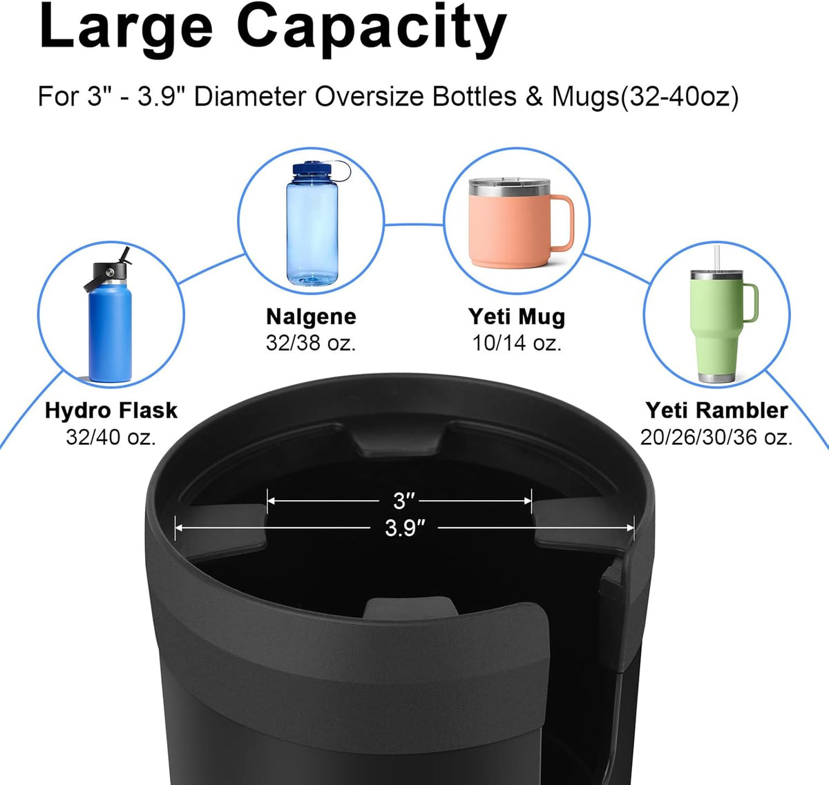 Car Cup Holder Expander, Large Cup Holder Extender for Car | Water bottle Holder Adapter with Adjustable Base Fits Yeti, Hydro Flask 24/32oz, Big Water Bottles in 3"-3.9", Black