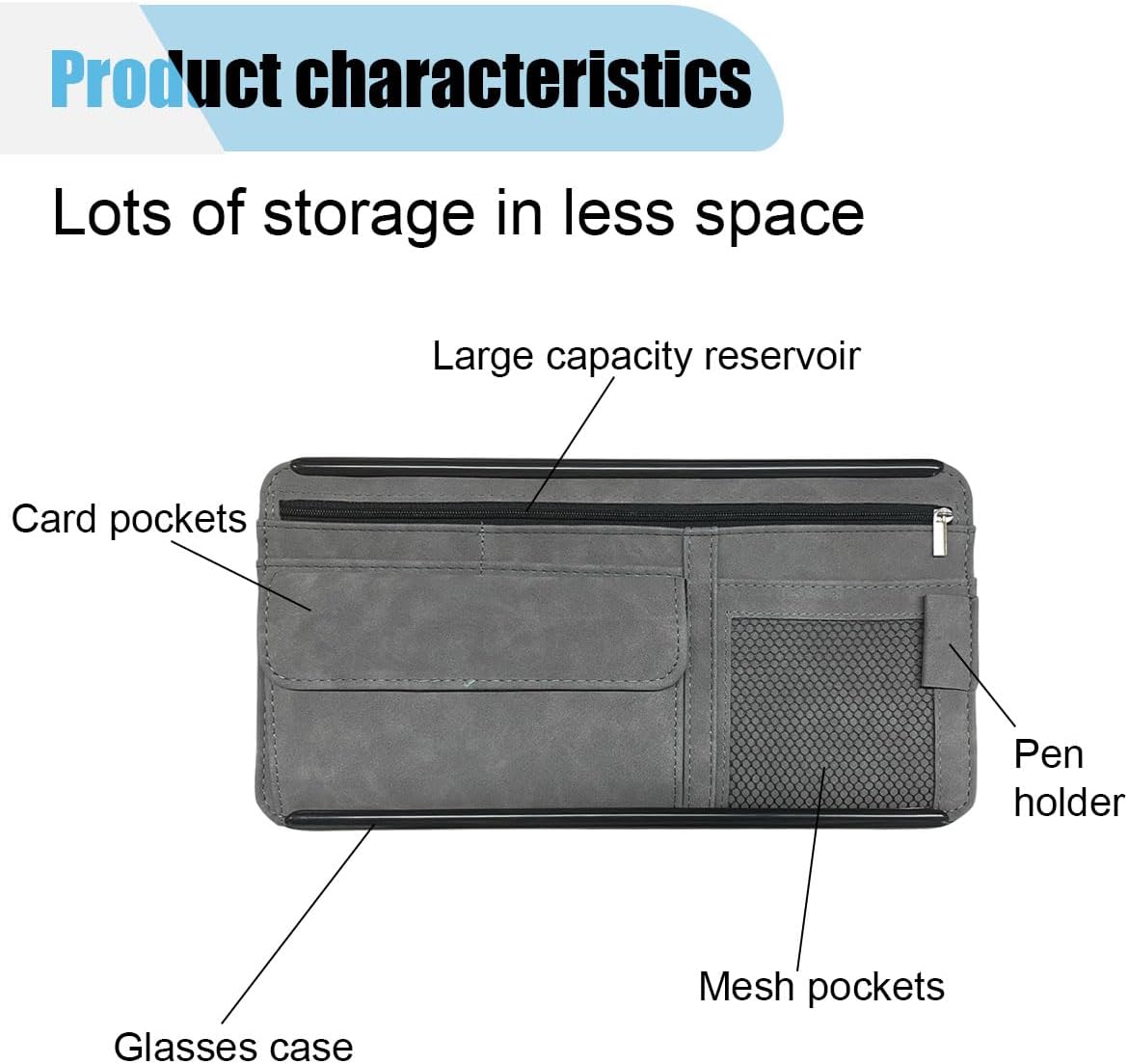Suede Car Sun Visor Organizer with Multi-Pocket Net Zipper, Glasses Case, Sunglass Holder (Grey)