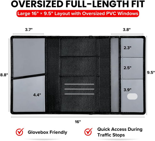 LINTRU Car Registration and Insurance Holder Trifold, Oversized Fit with Reinforced Construction, Matte PU Leather Vehicle Glove Box Organizer for Documents, Car Accessories for Men and Women