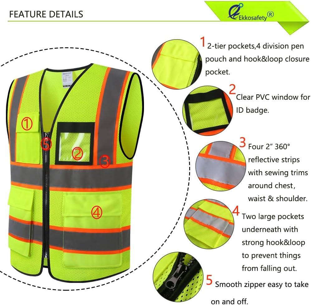 Reflective Mesh Safety Vest for Men Women with 5 Pockets and Zipper Front High Visibility Mesh Vest Hi Vis Construction Work Vest,Meets ANSI/ISEA Standards(EK175-Yellow-L)