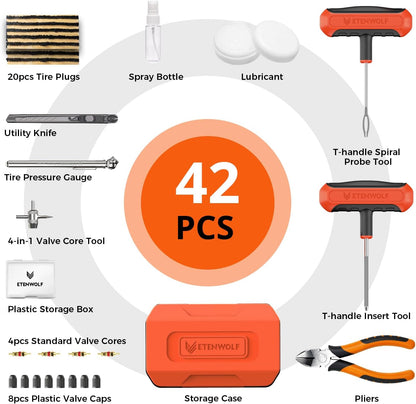 ETENWOLF Tire Repair Kit 42 Pcs, Heavy Duty Tire Plug Kit to Fix Punctures, Tire Repair Tool with Plugs for Car, Motorcycle, ATV, Jeep, Truck, Tractor, Gifts for Him Her Men Women, Vivid Orange