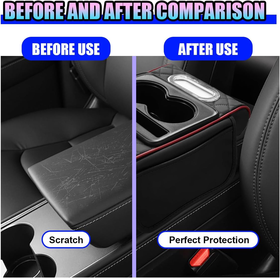 Leather Car Center Console Cover, Universal Automotive Armrest Booster Cushion, Vehicle Middle Console Organizer with 2 Cup Holders, Side Storage Bag, Tissue Box & Phone Slot(Black)