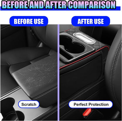 Leather Car Center Console Cover, Universal Automotive Armrest Booster Cushion, Vehicle Middle Console Organizer with 2 Cup Holders, Side Storage Bag, Tissue Box & Phone Slot(Black)