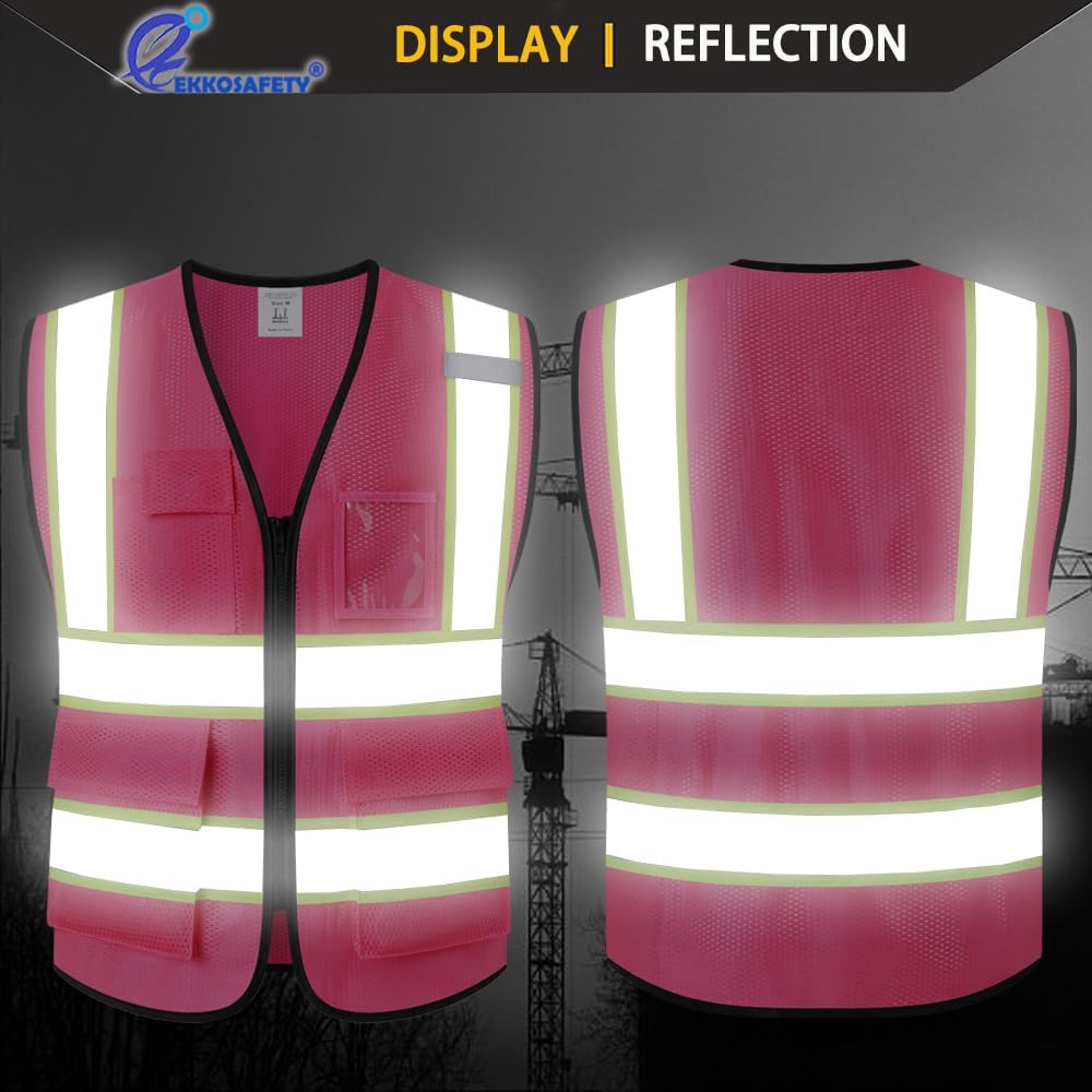Reflective Mesh Safety Vest for Men Women with 5 Pockets and Zipper Front High Visibility Mesh Vest Hi Vis Construction Work Vest,Meets ANSI/ISEA Standards(EK175-Yellow-L)