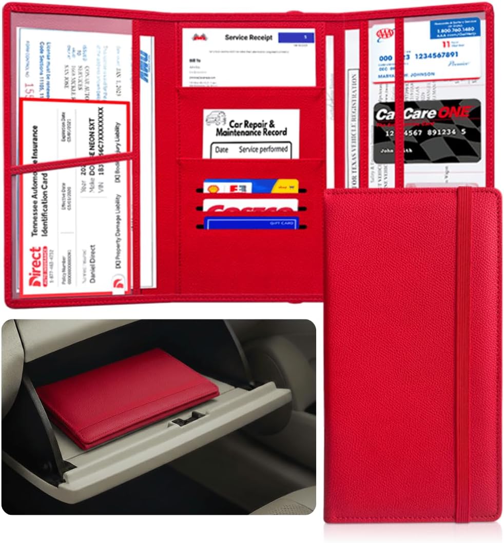 LINTRU Car Registration and Insurance Holder Trifold, Oversized Fit with Reinforced Construction, Matte PU Leather Vehicle Glove Box Organizer for Documents, Car Accessories for Men and Women