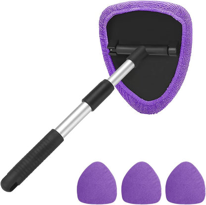 Windshield Cleaning Tool, Car Window Cleaner with Extendable Long Handle and 4 Washable Reusable Microfiber Pads, Auto Interior Exterior Glass Wiper Cleaning Kit Universal for Office and Home (Blue)
