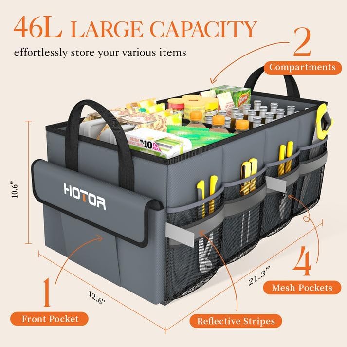 HOTOR Trunk Organizer - Car Organizer with 5 Pockets, Trunk organizer for SUV, Sedan & Van, Car Organization with Sturdy Base Panel for Car Accessories, Black, 2 Compartments, 21.3"×12.6"×10.6"