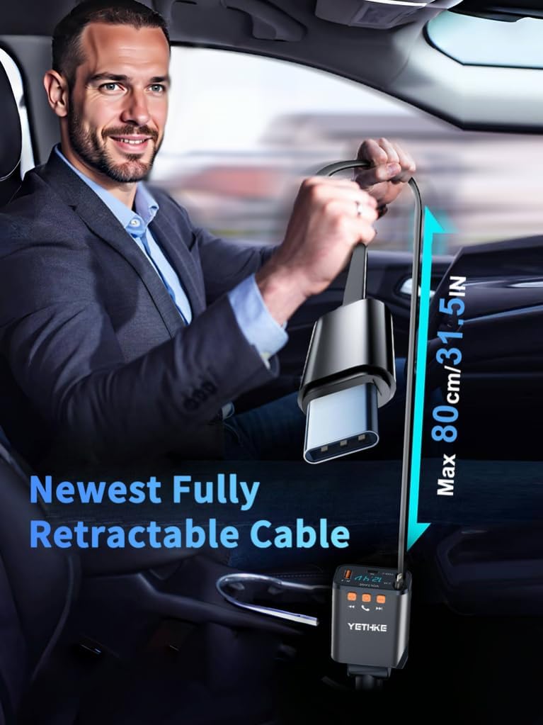 Bluetooth Car Adapter with Retractable Charger, FM Transmitter Bluetooth 5.4 for Cars, 4 in 1 Fast Car Phone Charger 69W, Handsfree Call, 2*Retractable Cable for iPhone 17/16/15/14, Galaxy-Black