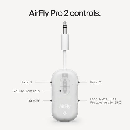 AirFly Pro 2 Deluxe – Bluetooth Adapter for Airplane, Pair 2 AirPods or Wireless Headphones – 3.5mm AUX Bluetooth Transmitter/Receiver for Cars, Boats, Treadmills, TVs – Airplane Travel Essentials