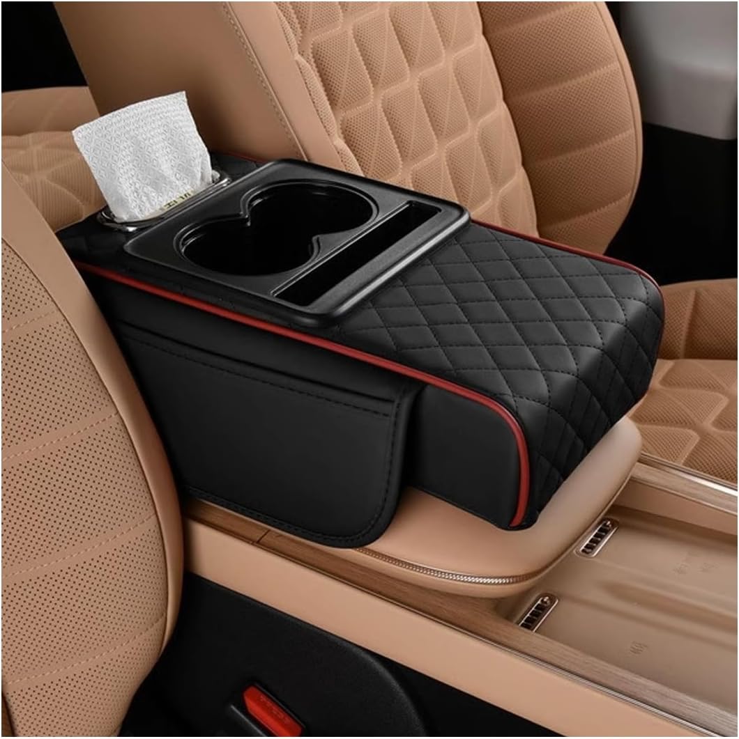 Zpana Car Center Console Armrest Pillow, Memory Foam Leather 4 in 1 Vehicle Arm Rest Cover with Tissue Box 2 Side Storage Bag Cup & Phone Holder, Auto Armrest Cushion, Universal Fit (Black)