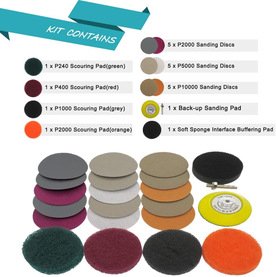 Car Headlight Restoration Kit, 3 Inch Car Polishing Sanding Discs with 1/4 Inch Shank Backing, Scouring Pads, Buffing Sponge, Soft Interface, Woolen Buffer, 41PCS
