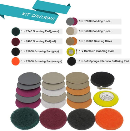 Car Headlight Restoration Kit, 3 Inch Car Polishing Sanding Discs with 1/4 Inch Shank Backing, Scouring Pads, Buffing Sponge, Soft Interface, Woolen Buffer, 41PCS