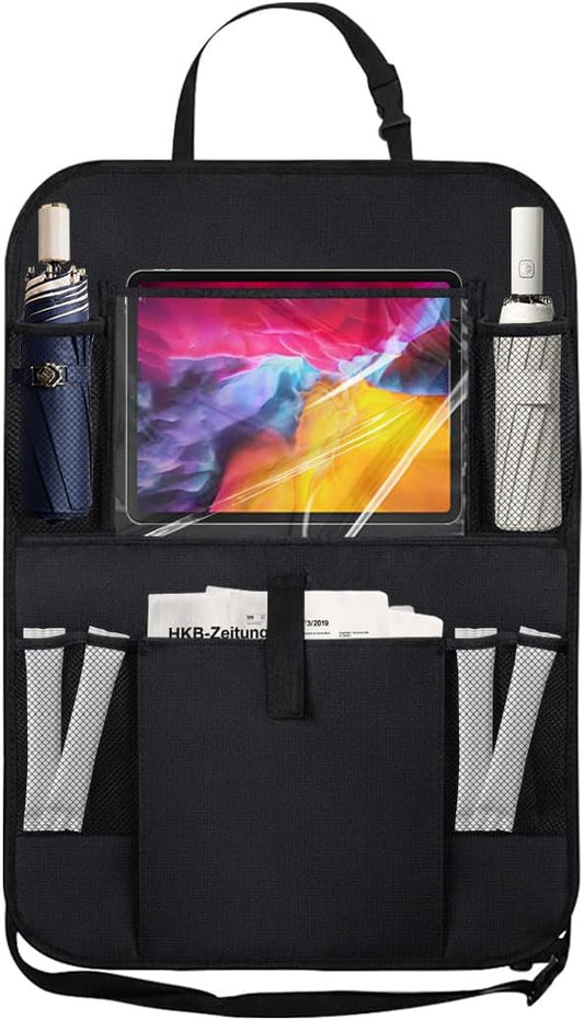 2PCS Car Backseat Organizer with Clear 10" Tablet Holder + 5 Storage Pockets - Seat Back Protector Kick Mats for Kids - Car Back Seat Storage Organizer - Road Trip Essentials Travel Accessories