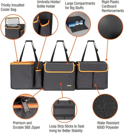 Deluxe Trunk and Backseat Organizer for Medium or Large Size SUVs & RVs, Detachable Storage Modules with Built-in Cooler, Patent Pending