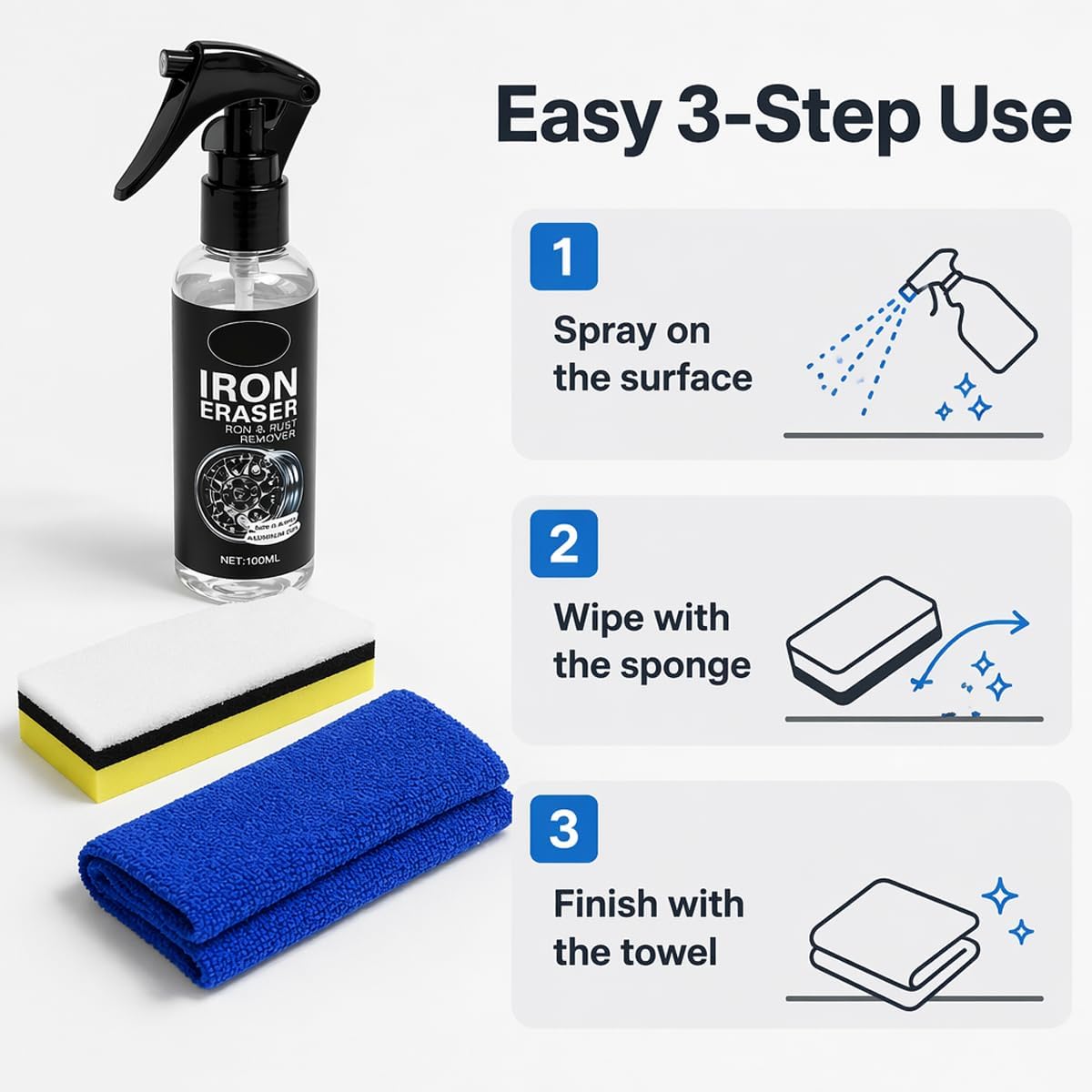 Iron Eraser Rust Remover Spray for Car Wheels & Paint, 100ML Rust And Brake Dust Cleaner For Wheels & Paint, Fast Acting Automotive Iron Fallout Towel + Sponge