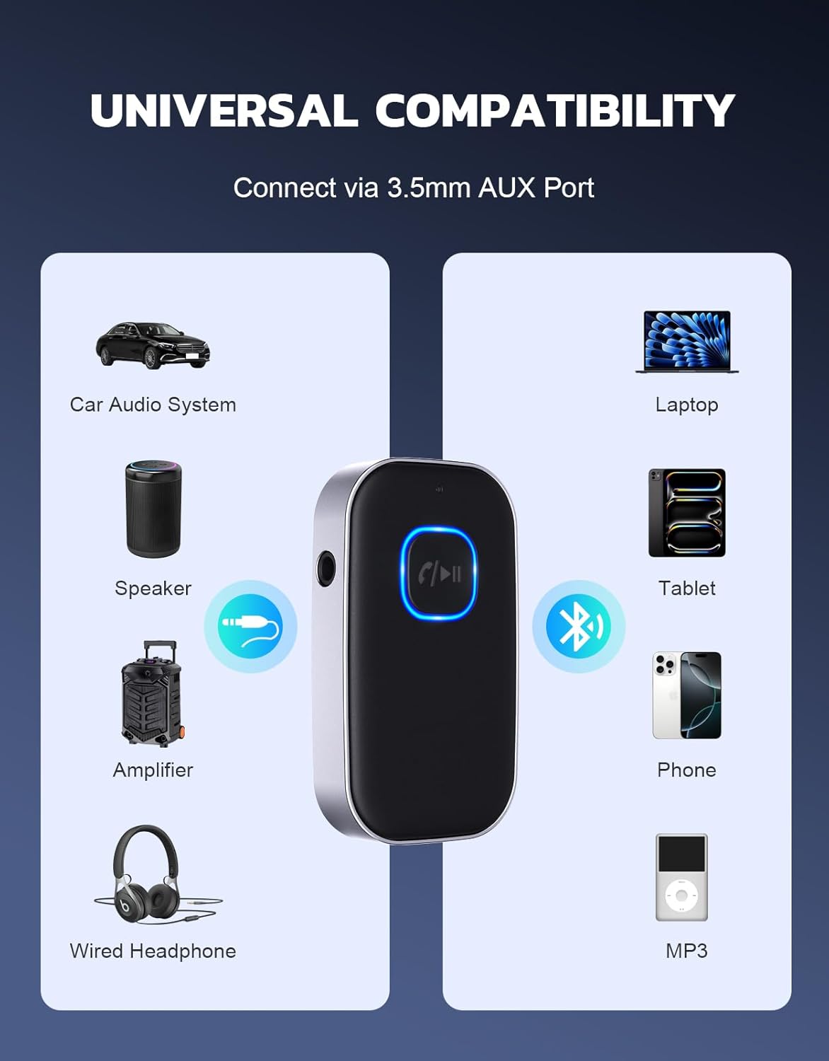 COMSOON Bluetooth Receiver for Car, Noise Cancelling 3.5mm AUX Bluetooth Car Adapter, Wireless Audio Receiver for Home Stereo/Wired Headphones, Hands-Free Call, 16H Battery Life - Black+Silver