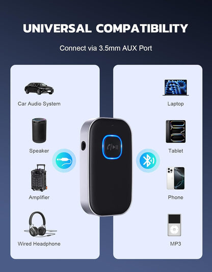 COMSOON Bluetooth Receiver for Car, Noise Cancelling 3.5mm AUX Bluetooth Car Adapter, Wireless Audio Receiver for Home Stereo/Wired Headphones, Hands-Free Call, 16H Battery Life - Black+Silver
