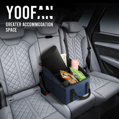 YOOFAN Car Seat Organizer - Passenger Seat Organizer, Collapsible Small Car Seat Storage Organizer for Console Front/Back, Automotive Backseat Organizer with Belt 4 Cup Holders for Kids Accessories