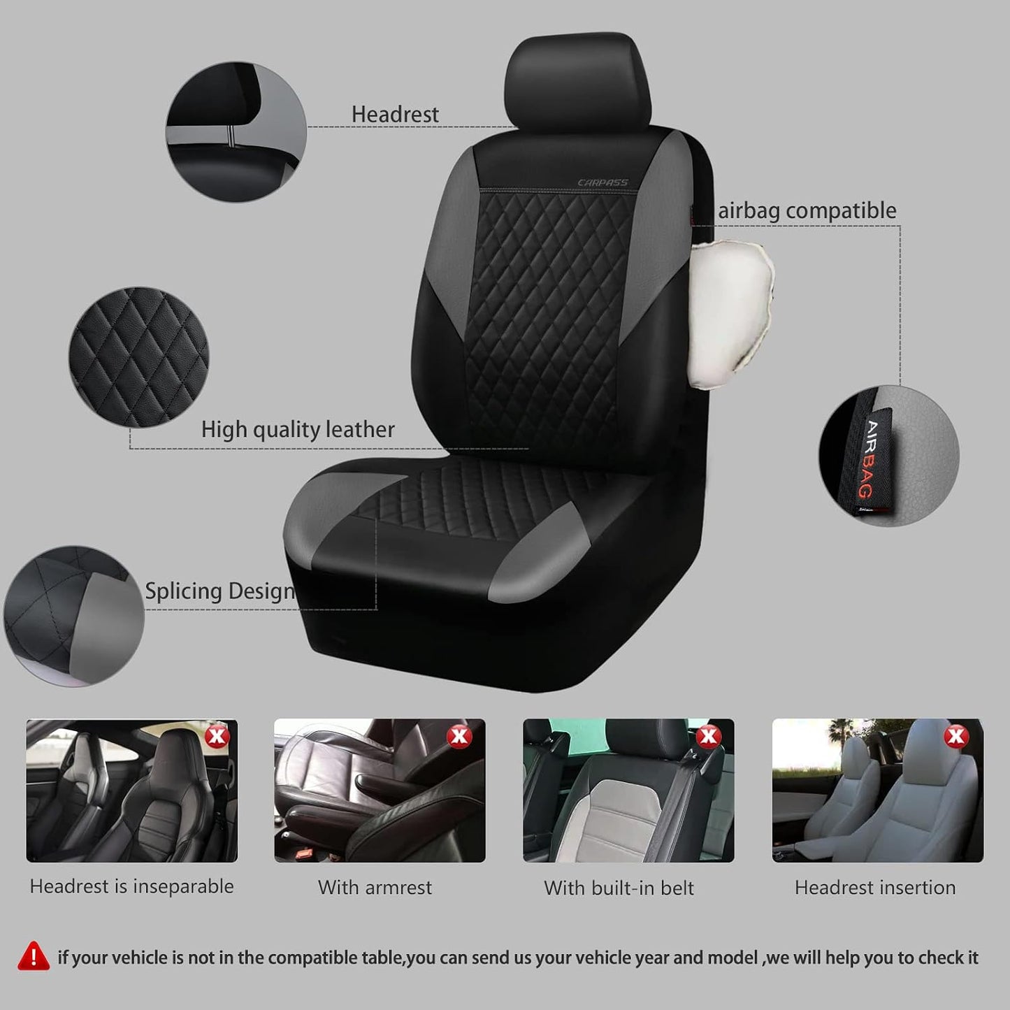 CAR PASS Quilting Leather Seat Cover Two Front Seats Only, Universal Fit Automotive Front Seat Covers Waterproof Deluxe PU Premium Vinyl Luxury for Cars Sedan Van SUV Airbag Compatible 2 Pieces,Black