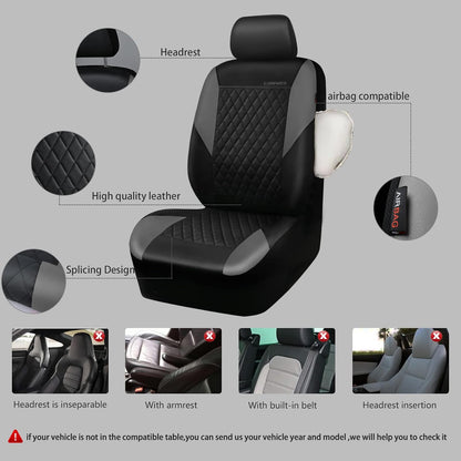 CAR PASS Quilting Leather Seat Cover Two Front Seats Only, Universal Fit Automotive Front Seat Covers Waterproof Deluxe PU Premium Vinyl Luxury for Cars Sedan Van SUV Airbag Compatible 2 Pieces,Black