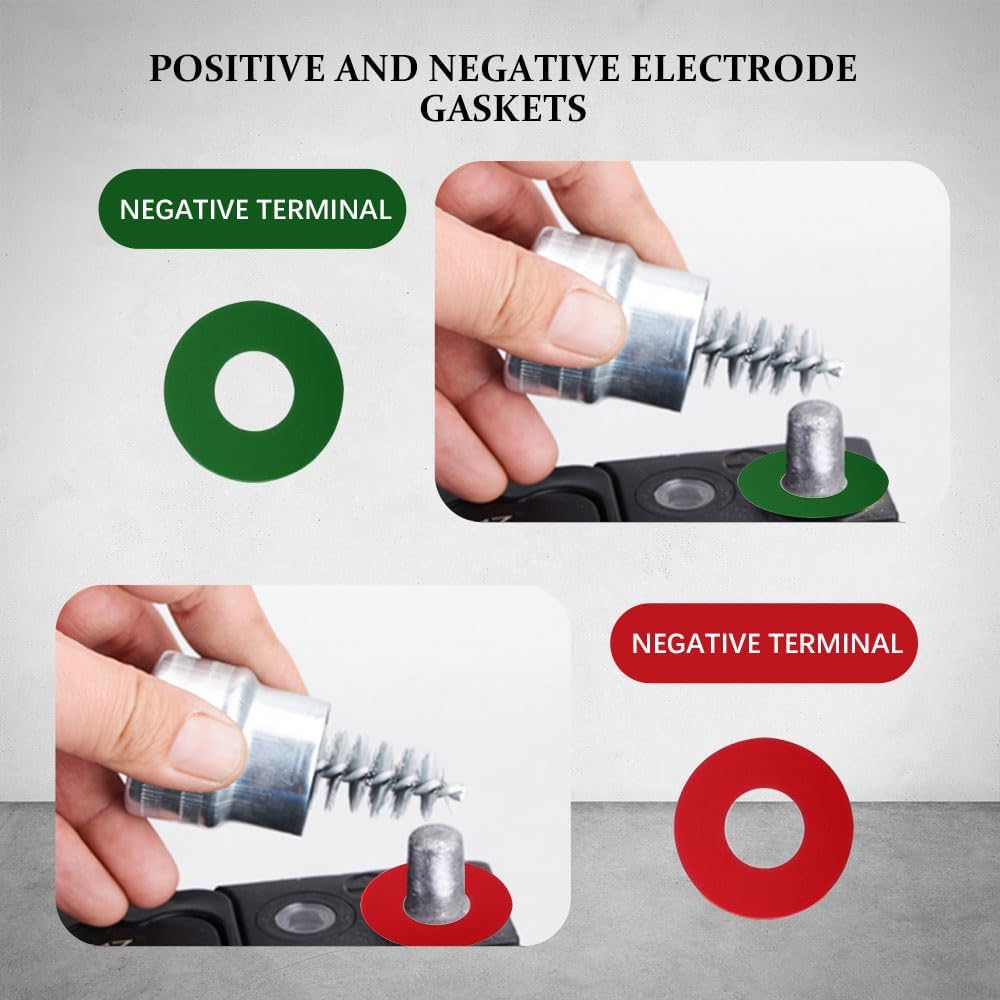 Battery Terminal Cleaners, Cleaner Kit with 2PCS Battery Cleaning Brushes and 10PCS Battery Terminal Anti-Corrosion Washers Protector Fiber, Universal Cleaning Accessories for Car, Boat