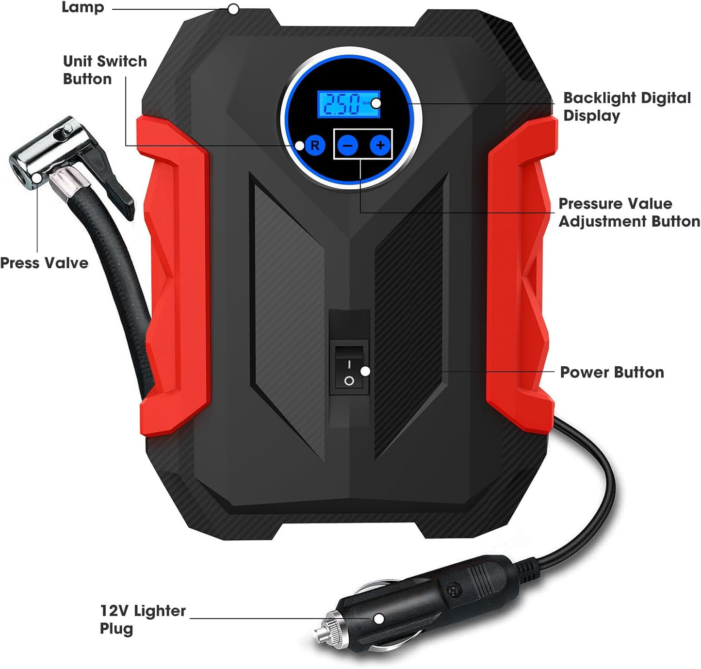 Digital Air Compressor for Car Auto Pump Portable Tire Inflator with LED Light DC 12V