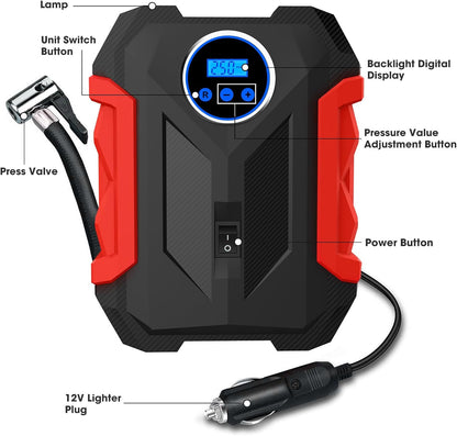 Digital Air Compressor for Car Auto Pump Portable Tire Inflator with LED Light DC 12V