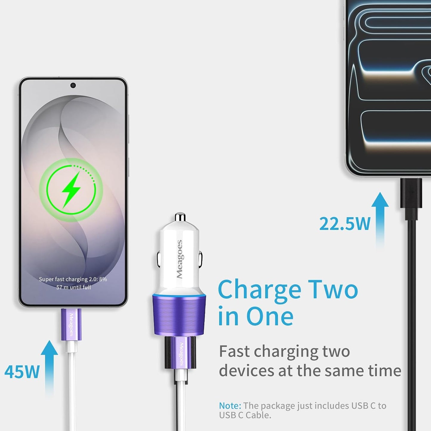 67.5W Car Charger USB C Super Fast Charging, 45W USBC & QC3.0 Port Plug for iPhone 17 Pro Max/Air/16/15/iPad, Samsung S26/S25 Android Cell Phone, Dual 12V Cigarette Lighter Adapter+ 3.3ft Type C Cable