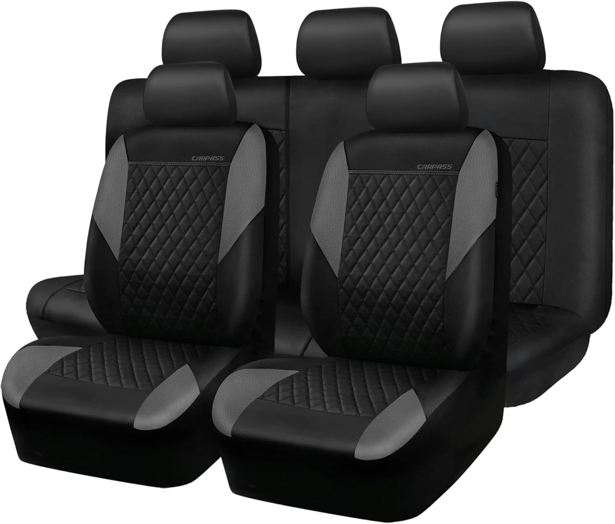 CAR PASS Quilting Leather Seat Cover Two Front Seats Only, Universal Fit Automotive Front Seat Covers Waterproof Deluxe PU Premium Vinyl Luxury for Cars Sedan Van SUV Airbag Compatible 2 Pieces,Black