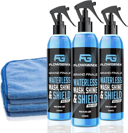 Flowgenix™ Waterless Car Wash Spray - Grand Finale - Motorcycle Cleaner & Car Wax Polish (8 oz) - Ceramic Coating - Incl. 2 Microfiber Towels - Quick Detailer Spray to Make Your Vehicle Shine