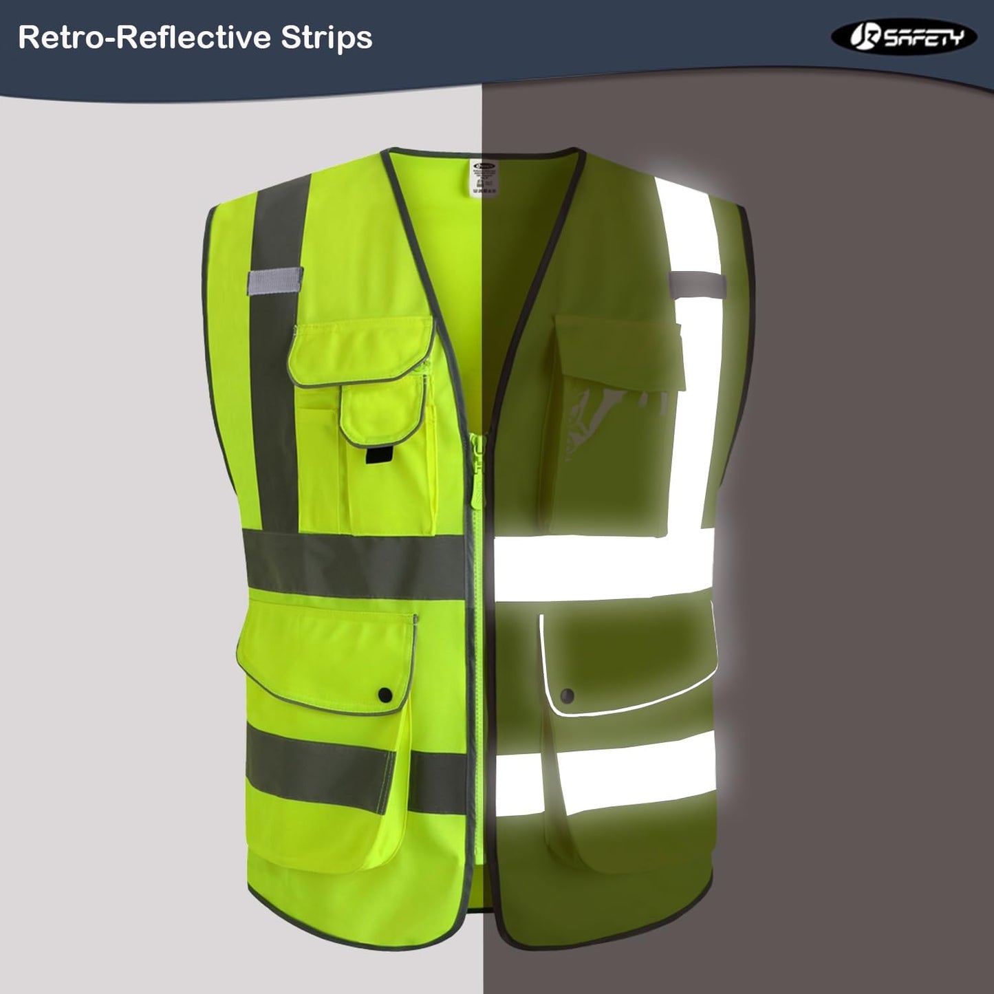 JKSafety 9 Pockets Class 2 High Visibility Zipper Front Safety Vest With Reflective Strips,Meets ANSI/ISEA Standard (Large, 150-Yellow) - Colors B