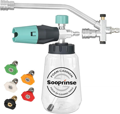Sooprinse Short Pressure Washer Gun With Foam Cannon, High Pressure Snow Foam Lance, 1/4 Inch Quick Connector, Power Washer Blaster, Car Wash Mitt, 3000 PSI, 1 Liter