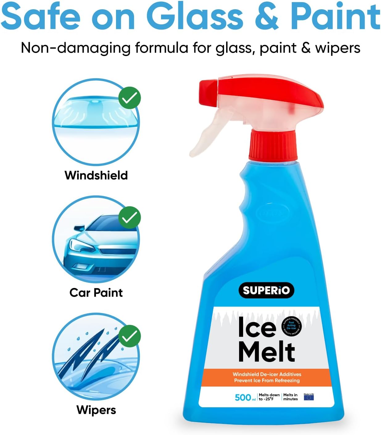 Superio Windshield Deicer for Car – Winter Ice Melt & Defroster, Washer Fluid Safe, 17 oz