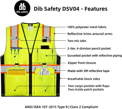 Dib Safety Reflective Mesh Vest ANSI Class 3, High Visibility with Pockets and Zipper, Made with 3M Reflective Tape, Yellow XL