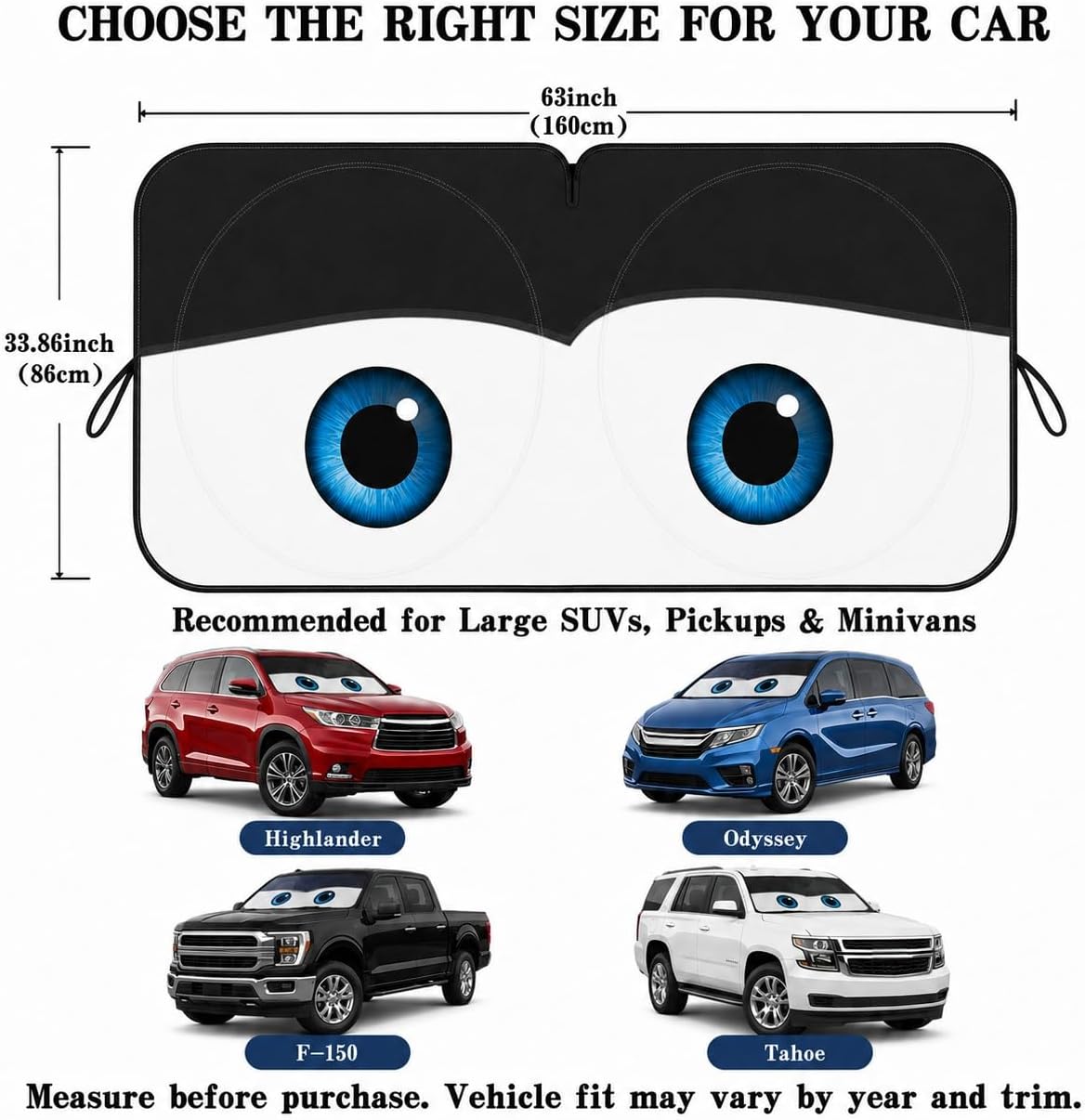 Car Windshield Sun Shade, Funny Cartoon Eyes Sun Visor for Car Windshield Universal Fits Sedan Compact Car Hatchback SUV, UV Heat Protection - 59 x 27.5
