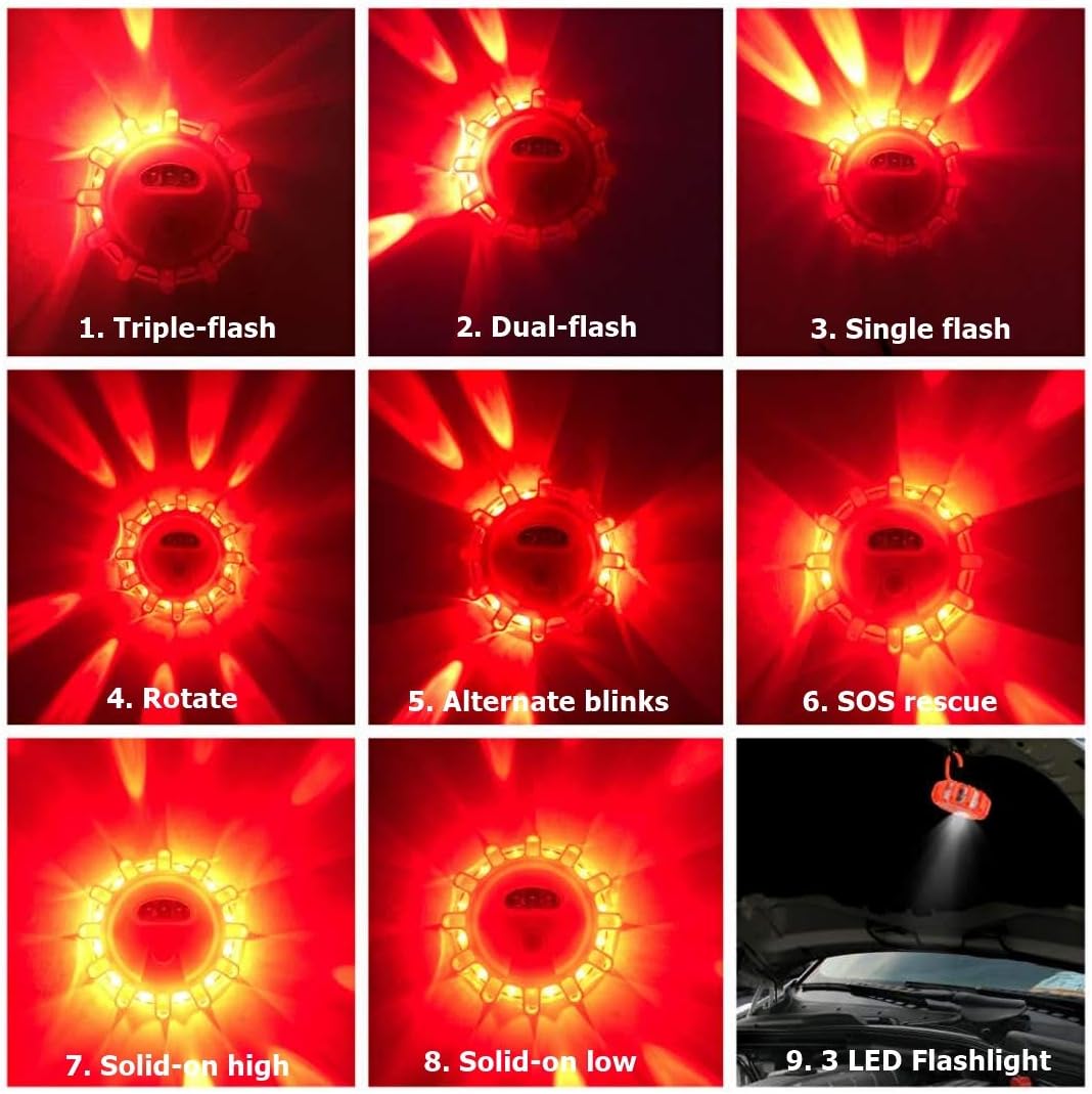 Ecoangel USB Rechargeable LED Road Flares Emergency Lights-Roadside Warning Car Safety Beacon Flashing Disc Flare Kit with Magnetic Base for Vehicles & Boat | 3 Beacon Disc Pack