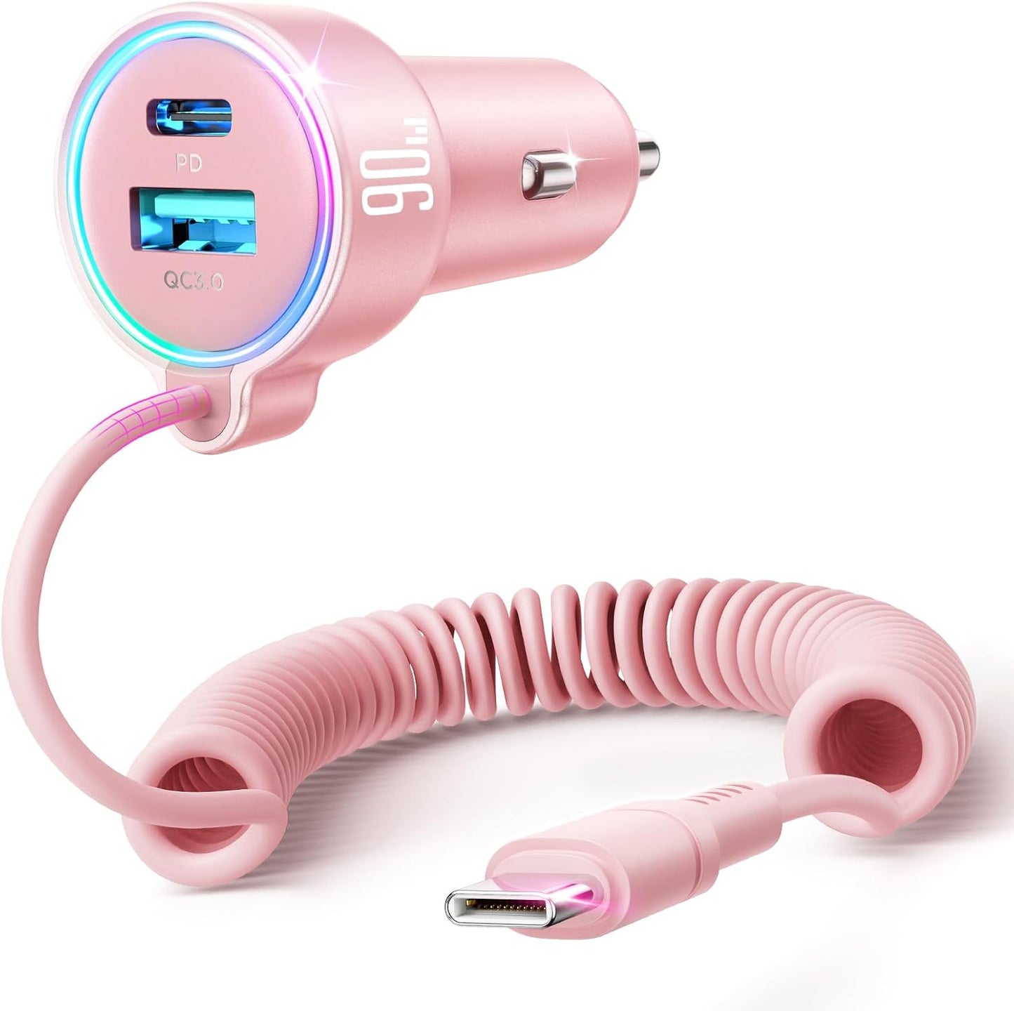 USB C 90W Car Charger for iPhone 17/16 Pro Max, PD & QC3.0 w/5 ft 45W Type Coiled Cable, Fast Car Phone Charger Adapter for iPhone 17Air/15 Pro, Samsung Galaxy S26/S25/S24, Pixel 10/LG/Android, iPad