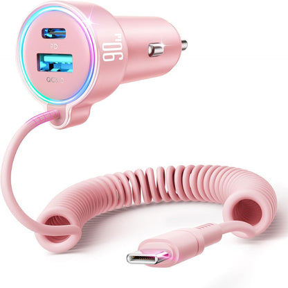 USB C 90W Car Charger for iPhone 17/16 Pro Max, PD & QC3.0 w/5 ft 45W Type Coiled Cable, Fast Car Phone Charger Adapter for iPhone 17Air/15 Pro, Samsung Galaxy S26/S25/S24, Pixel 10/LG/Android, iPad