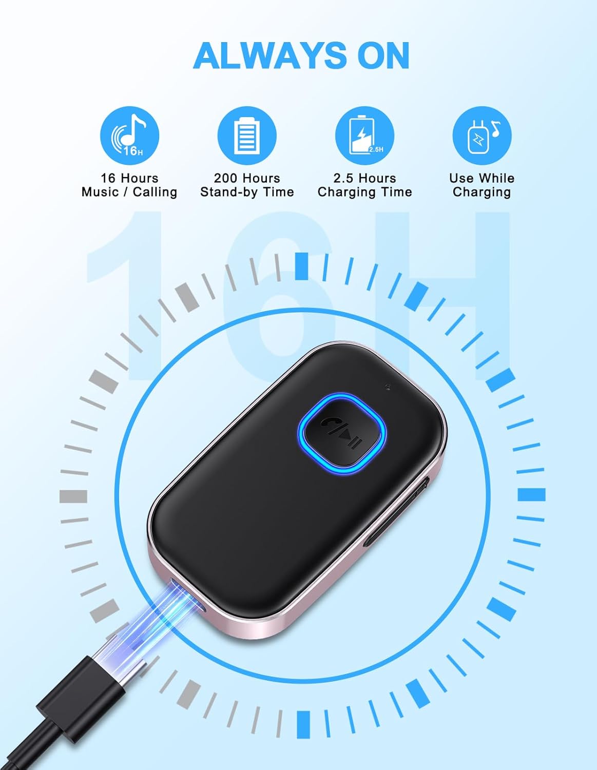 COMSOON Bluetooth AUX Adapter for Car, Noise Reduction Bluetooth Receiver for Music/Hands-Free Calls, Wireless Audio Receiver for Home Stereo/Speaker, 16H Battery Life/Dual Connect (Black+Pink)