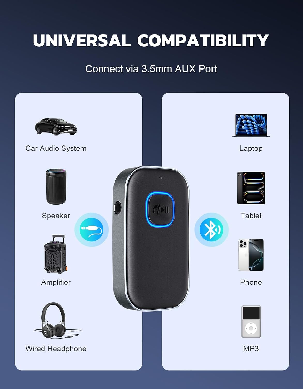 COMSOON Bluetooth Receiver for Car, Noise Cancelling 3.5mm AUX Bluetooth Car Adapter, Wireless Audio Receiver for Home Stereo/Wired Headphones, Hands-Free Call, 16H Battery Life - Black+Silver