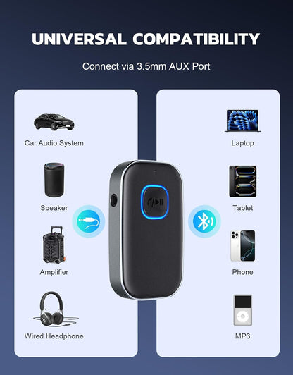 COMSOON Bluetooth Receiver for Car, Noise Cancelling 3.5mm AUX Bluetooth Car Adapter, Wireless Audio Receiver for Home Stereo/Wired Headphones, Hands-Free Call, 16H Battery Life - Black+Silver