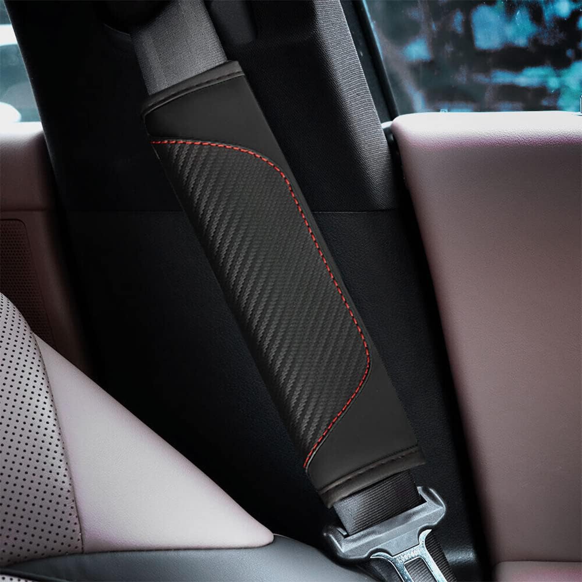 AUCELI 2PCS Car Seat Belt Cover, Carbon Fiber Seatbelt Shoulder Strap Covers, Breathable Leather Soft Harness Pad Protect Your Neck and Shoulder Compatible with Cars