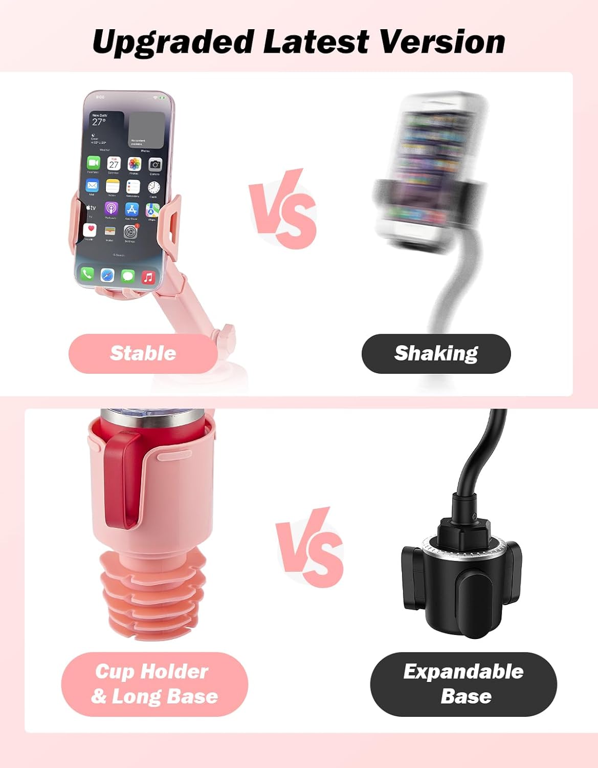 JOYTUTUS Cup Holder Phone Mount for Car, Car Cellphone Large Adapter Long Arm with 360 Degree Rotation, Compatible iPhone, Samsung & All Smartphones,Black,1 Pack