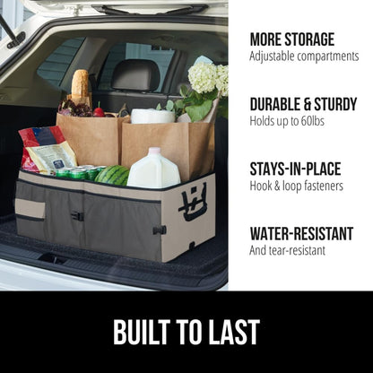 GORILLA GRIP Trunk Organizer for SUV and Cars, Large Capacity Collapsible Car Trunk Storage Organizer, Heavy Duty Car Accessories, Gifts for Mom and Dad, Slip & Water Resistant Multi Compartment Black